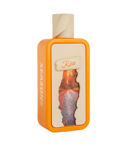 Orange perfume bottle with 'Rise' label and autumn forest design, featuring 'SEASONS' text on side