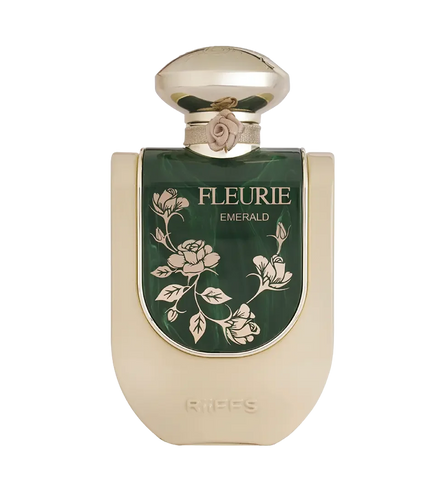 Fleurie Emerald perfume bottle with green floral design and gold accents