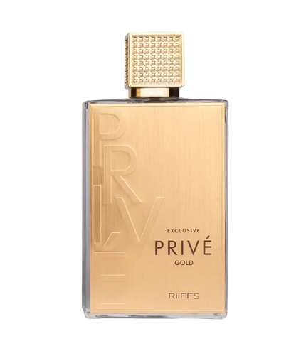 Riiffs Privé Gold perfume bottle with gold cap and elegant design
