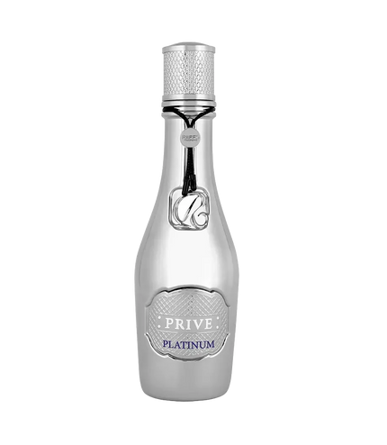Prive Platinum luxury perfume bottle with silver finish and textured cap, elegant unisex fragrance design