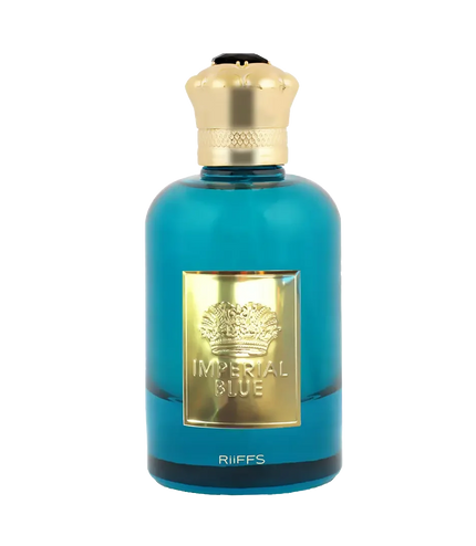 Imperial Blue Riiffs perfume bottle with gold crown cap and label, premium fragrance for men