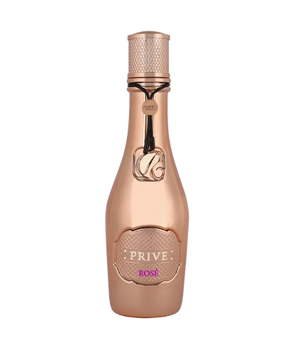 Luxury rose gold perfume bottle labeled Prive Rosé with textured cap and charm
