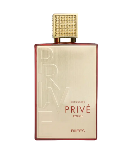Riiffs Privé Rouge exclusive perfume bottle with gold cap and red accents