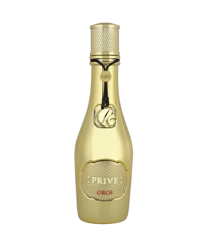 Luxury gold Prive Oros perfume bottle with textured cap and elegant design