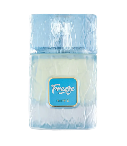 Riiffs Freeze perfume bottle with icy blue textured design and gold label