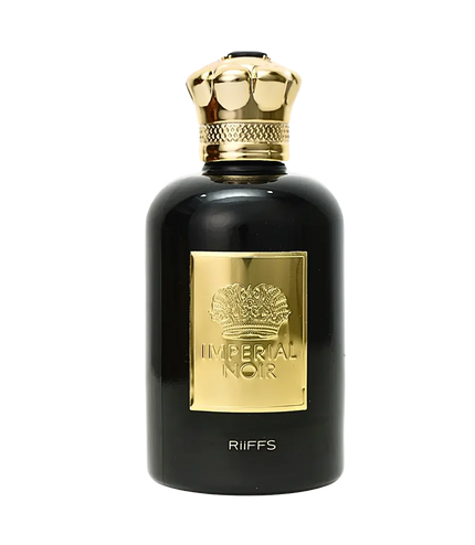 Riiffs Imperial Noir luxury perfume bottle with gold crown cap and plaque, premium fragrance for men