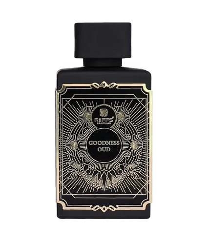 Riiffs Goodness Oud perfume bottle with black matte finish and gold ornate design