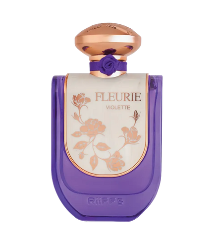 Fleurie Violette perfume bottle with purple glass, gold cap, and floral label design