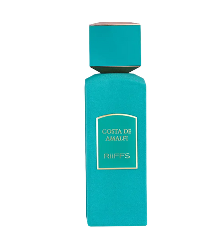 Riiffs Costa de Amalfi perfume bottle in vibrant teal with gold label and cap, luxury fragrance design