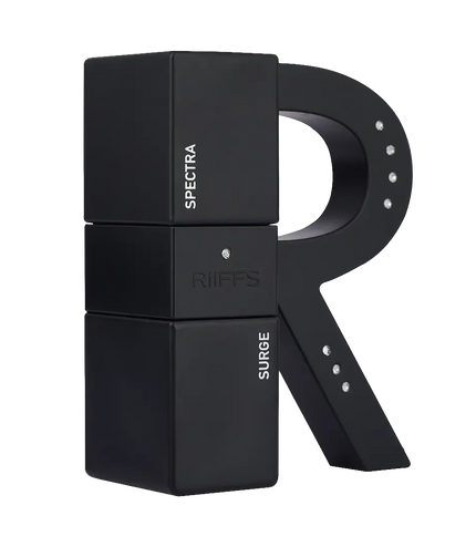 Riiffs Spectra and Surge perfume bottles with sleek black design and branded 'R' display