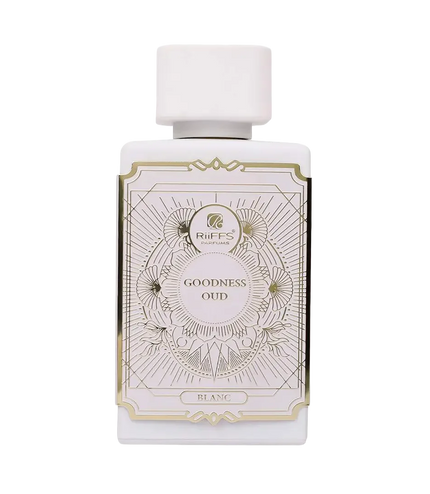 Riiffs Goodness Oud Blanc perfume bottle with elegant gold floral design on white label