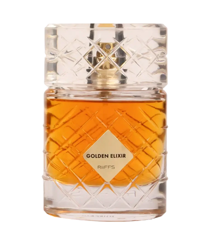 Golden Elixir Riiffs perfume bottle with amber liquid and diamond-cut glass design