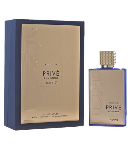 Riiffs Privé Bleu Intense Eau de Parfum 80ml bottle and box, luxury fragrance with blue and gold design