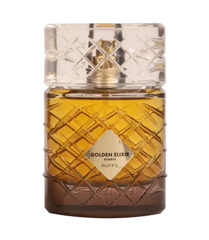 Golden Elixir Reserve perfume bottle with amber liquid and diamond-cut glass design