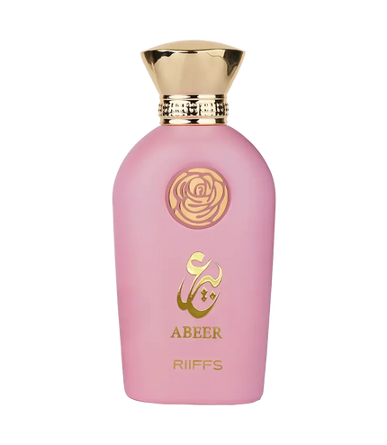 Pink Abeer Riiffs perfume bottle with gold rose emblem and cap, luxury fragrance for women