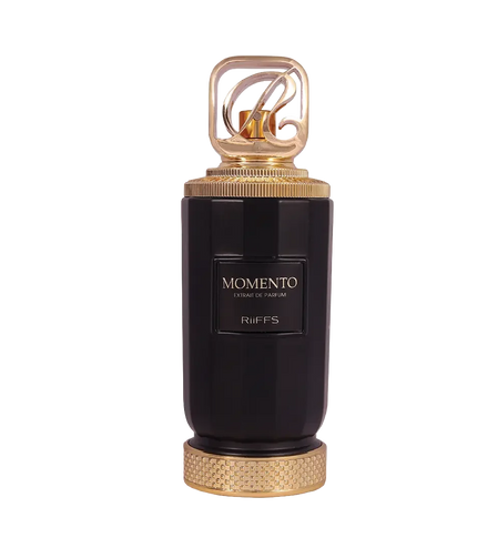 Riiffs Momento Extrait de Parfum bottle with black glass and gold cap, luxury fragrance