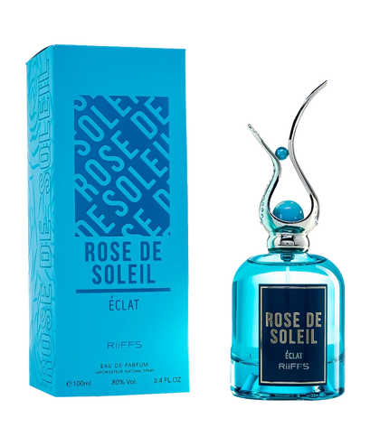 Rose de Soleil Éclat Eau de Parfum by Riiffs, 100ml blue bottle with elegant cap, luxury fragrance