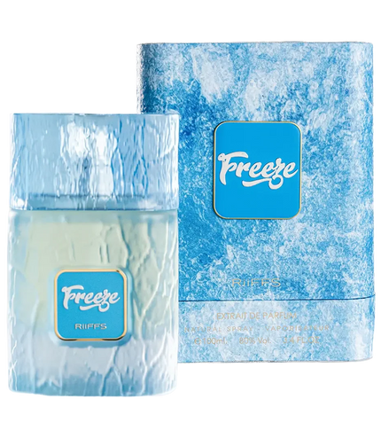 Freeze by Riiffs perfume bottle and box, icy blue textured design, 100ml extrait de parfum