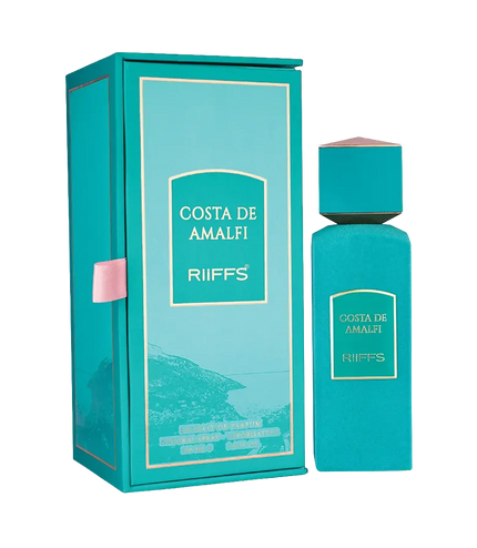 Costa de Amalfi perfume bottle and box, turquoise packaging with coastal design, Riiffs fragrance
