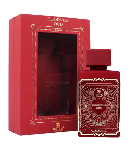Riiffs Goodness Oud Rouge perfume bottle and red gift box with gold detailing, luxury fragrance packaging