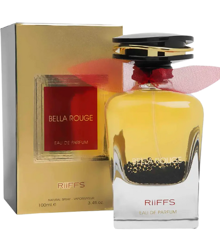 Riiffs Bella Rouge Eau de Parfum 100ml bottle with gold box, red ribbon, and black cap