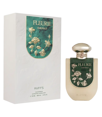 Riiffs Fleurie Emerald Eau de Parfum bottle and box with green marble design and gold floral accents