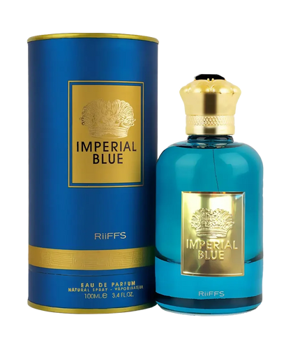 Imperial Blue Eau de Parfum by Riiffs – 100ml luxury fragrance with gold crown design, blue bottle & packaging