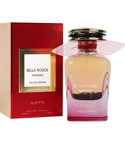 Bella Rouge Intenso Eau de Parfum 100ml bottle with red box, pink ribbon, and gold cap