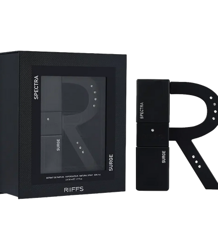 Riiffs Spectra and Surge perfume set in black luxury packaging with decorative 'R' accent