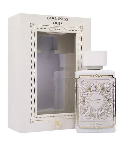 Riiffs Goodness Oud Blanc perfume bottle with elegant white and gold packaging, luxury fragrance