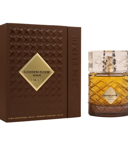 Golden Elixir Reserve perfume bottle and box, 100ml luxury fragrance with diamond-cut design