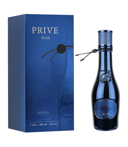 Prive Blue Eau de Parfum 100ml bottle and box, premium fragrance with textured blue design