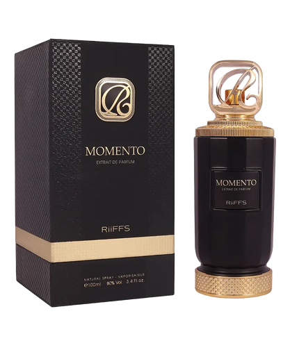 Riiffs Momento Extrait de Parfum 100ml bottle and box, luxury black and gold fragrance packaging