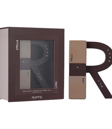 Riiffs Stella & Luna perfume duo set with elegant brown packaging and decorative 'R' display
