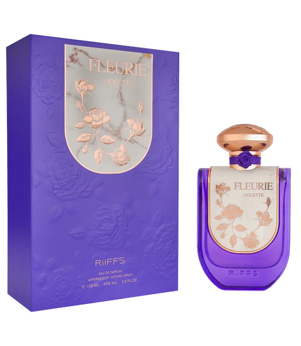 Riiffs Fleurie Violette Eau de Parfum 100ml bottle and box, purple floral design with gold accents