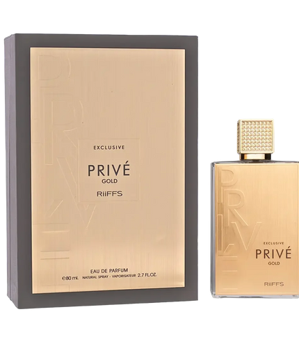 Riiffs Privé Gold Eau de Parfum 80ml bottle and box, luxury fragrance with gold accents