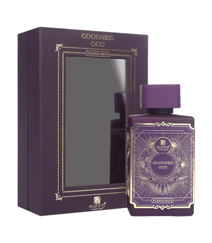 Purple Wave Goodness Oud perfume bottle with matching box, luxury fragrance in deep purple packaging
