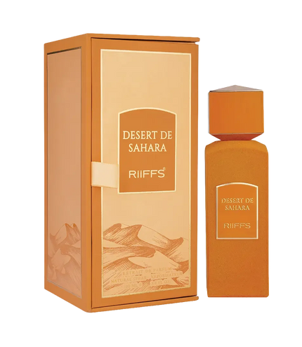 Desert De Sahara perfume bottle and box, warm orange tones, Riiffs fragrance