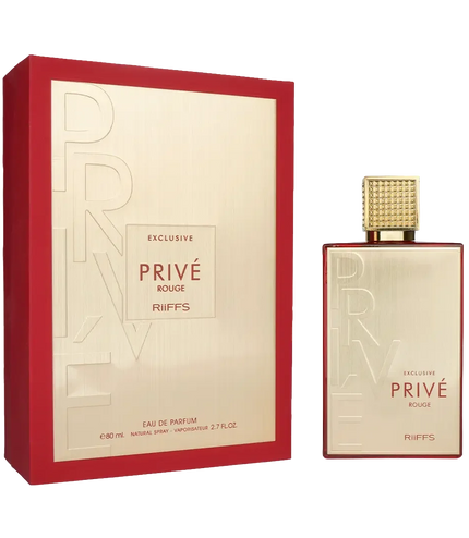 Riiffs Privé Rouge Eau de Parfum 80ml bottle and box, luxury fragrance with gold cap and red accents