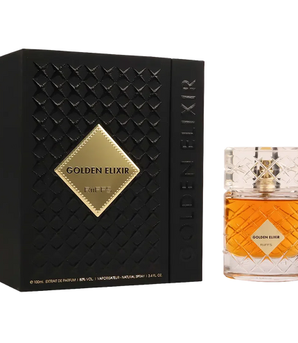 Golden Elixir Riiffs perfume bottle with black textured box, 100ml extrait de parfum, luxury fragrance