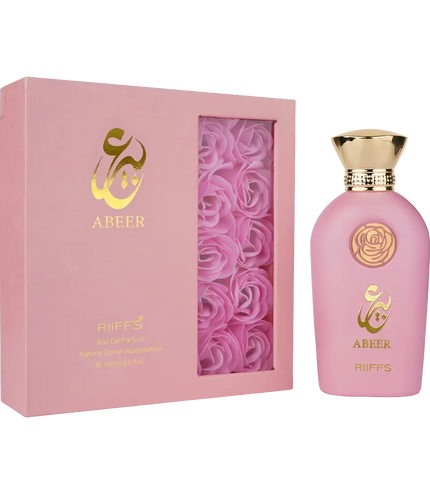 Pink RiiFFS Abeer Eau De Parfum bottle with gold cap and matching gift box featuring rose design