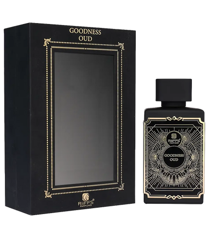 Goodness Oud perfume bottle and box with gold detailing, luxury fragrance for men and women