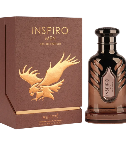 Inspiros Men Eau de Parfum bottle and box with golden eagle design, 100ml premium fragrance