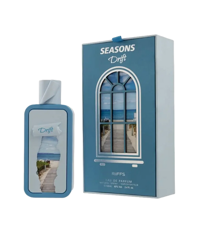 Riiffs Seasons Drift Eau de Parfum bottle and box with beach window design, 100ml