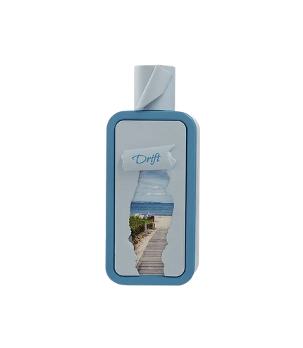Drift perfume bottle with beach scene label, blue accents, and wooden boardwalk design